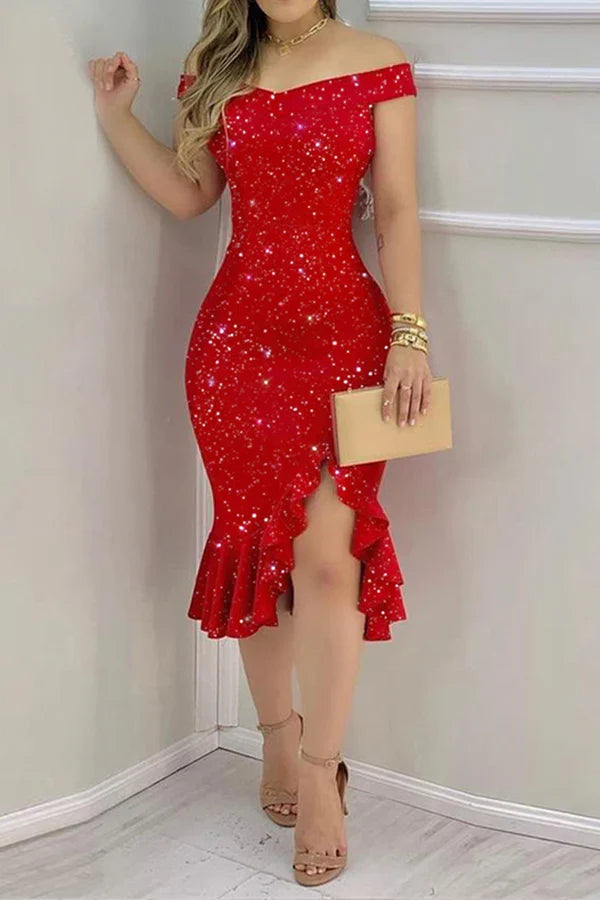 Sexy elegant solid color sequin fine rope fabric edge off shoulder evening dress