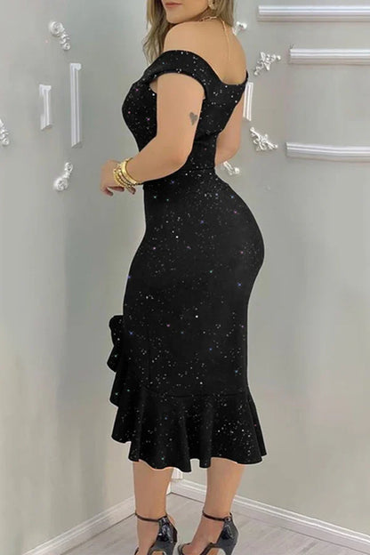 Sexy elegant solid color sequin fine rope fabric edge off shoulder evening dress