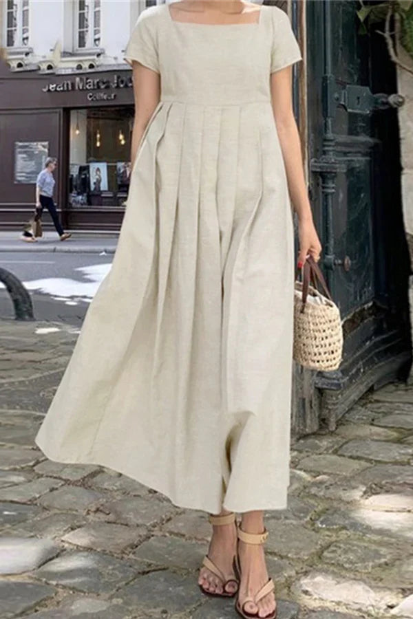 Leisure minimalist solid color pleated square collar A-line evening dress