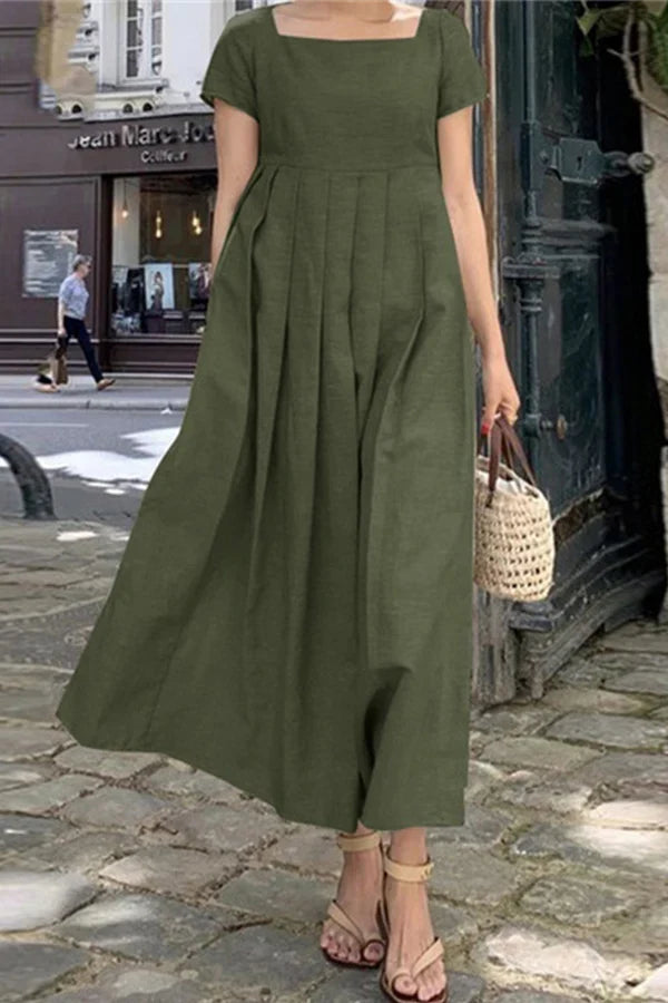 Leisure minimalist solid color pleated square collar A-line evening dress