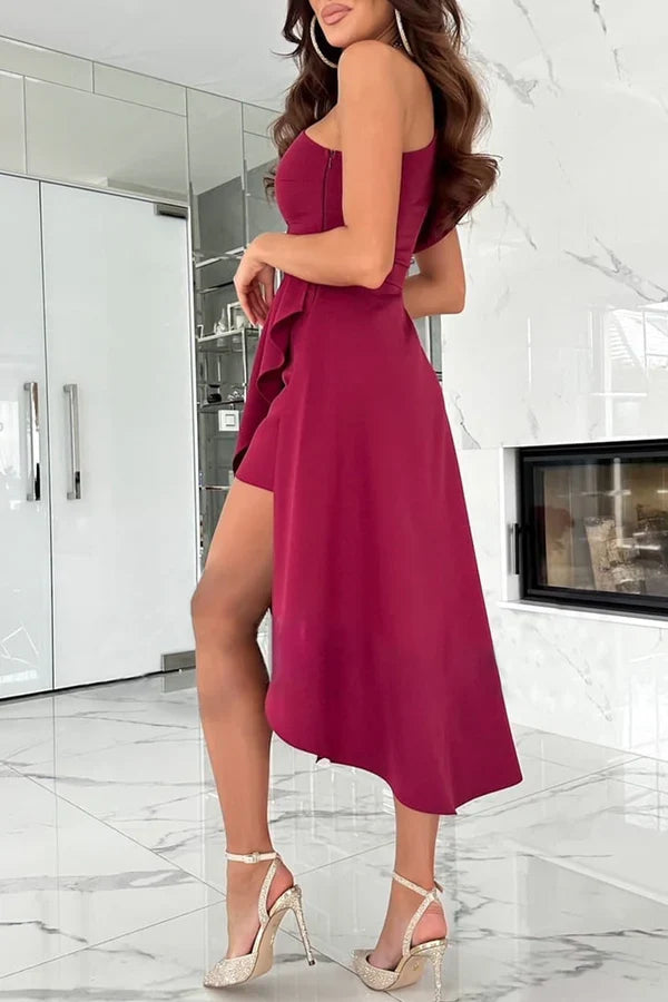 Elegant solid color slit asymmetrical diagonal collar A-line evening dress