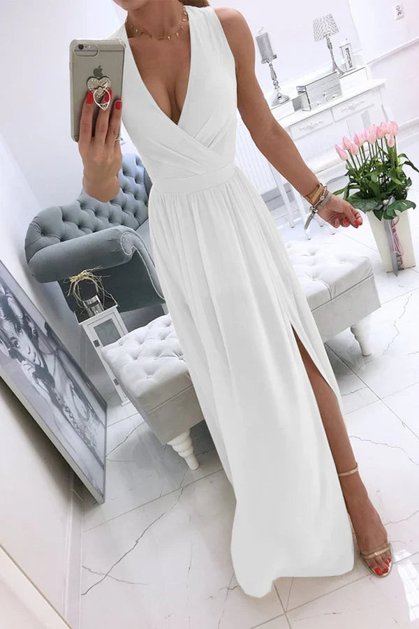 Sexy and minimalist solid color slit V-neck evening dress
