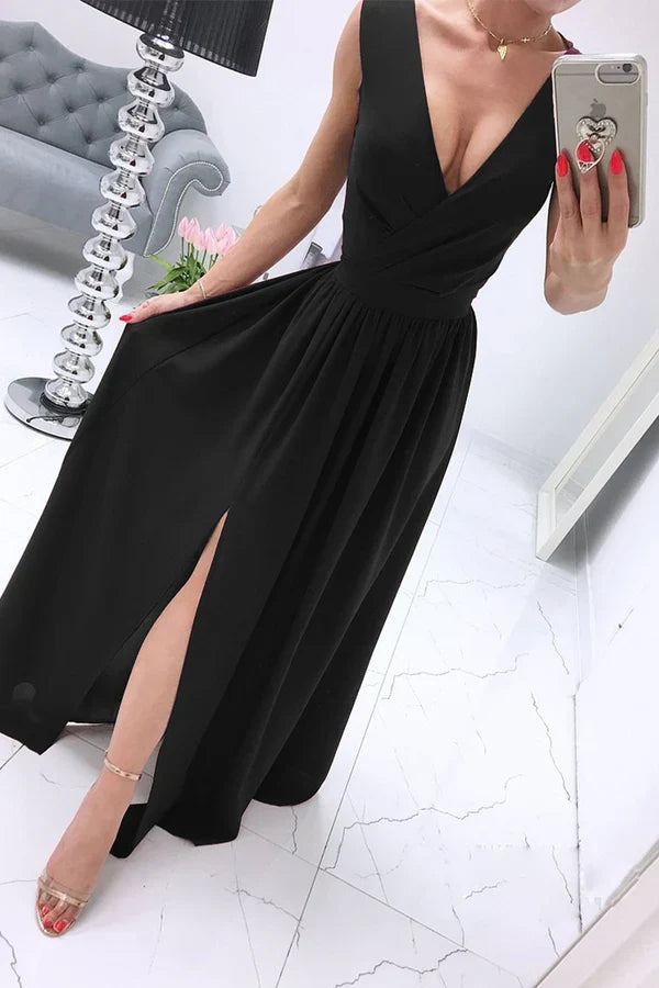 Sexy and minimalist solid color slit V-neck evening dress