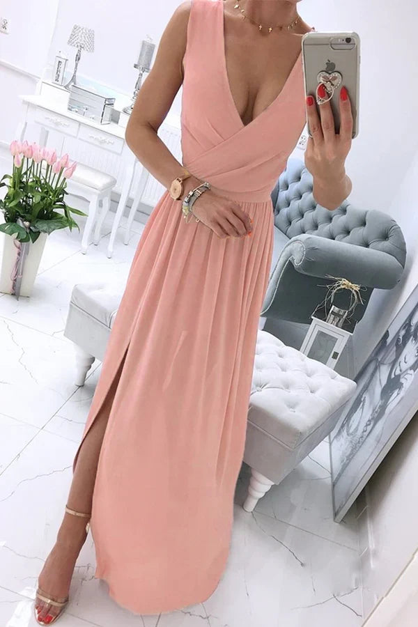 Sexy and minimalist solid color slit V-neck evening dress