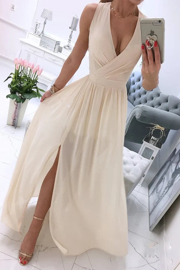 Sexy and minimalist solid color slit V-neck evening dress