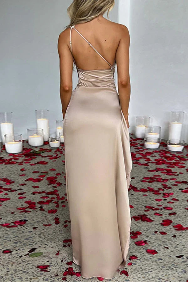 Sexy formal attire solid color backless slit diagonal collar evening dress