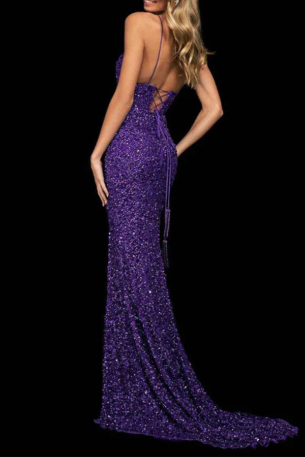 Sexy formal solid color sequin backless split V-neck evening dress
