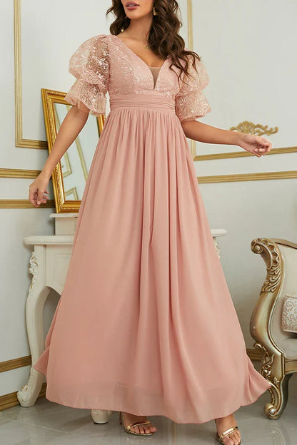 Elegant solid lace V-neck evening dress