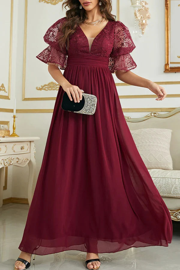 Elegant solid lace V-neck evening dress