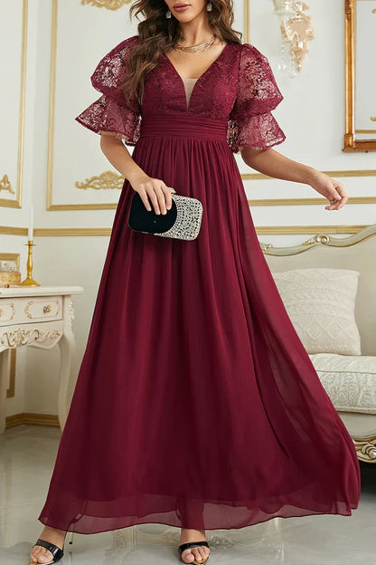 Elegant solid lace V-neck evening dress