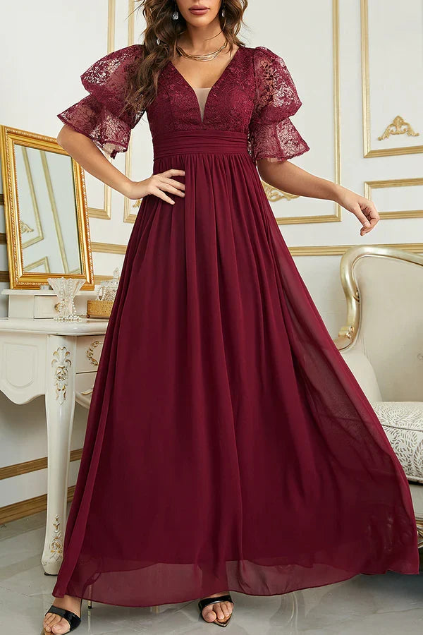 Elegant solid lace V-neck evening dress