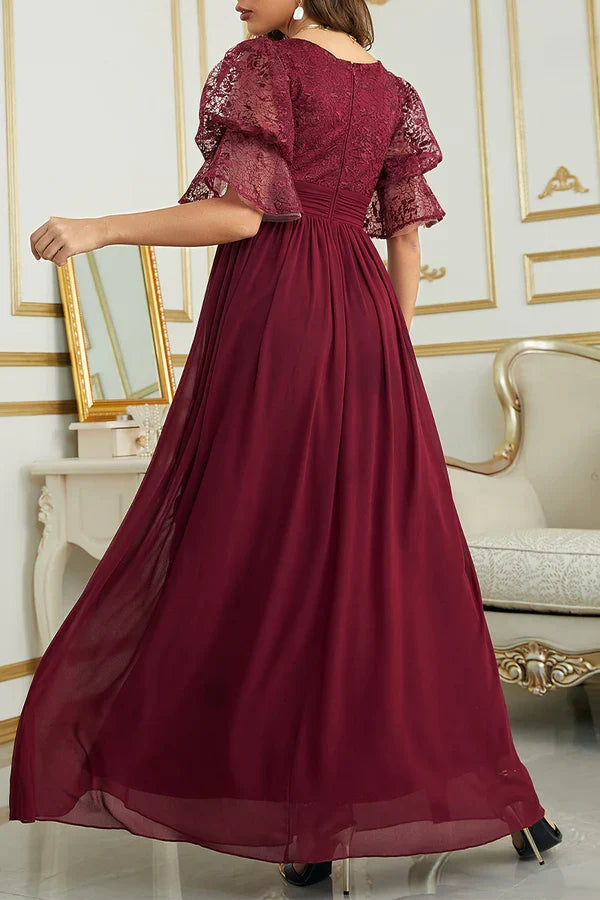 Elegant solid lace V-neck evening dress
