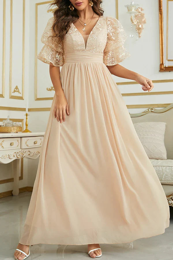 Elegant solid lace V-neck evening dress