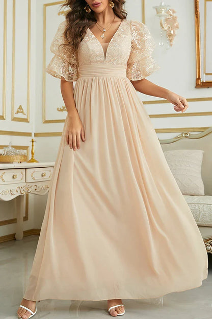 Elegant solid lace V-neck evening dress