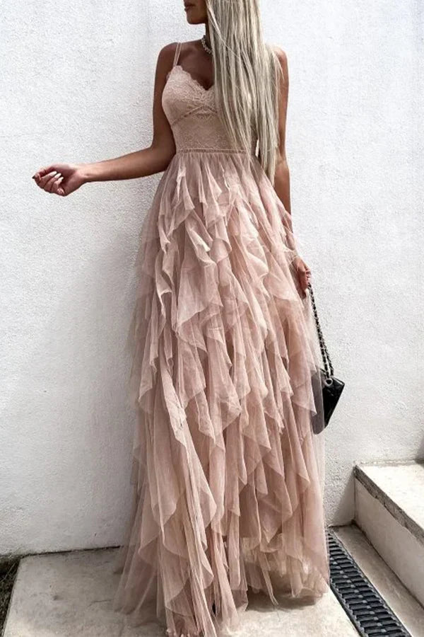 Sweet Formal Solid Mesh V-neck Evening Dress