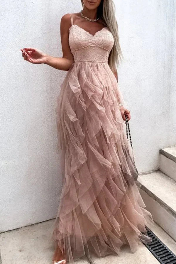 Sweet Formal Solid Mesh V-neck Evening Dress