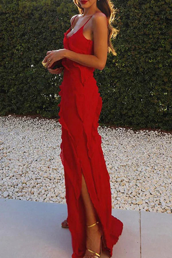 Sexy solid color ruffled edge slit V-neck strap for evening dressing