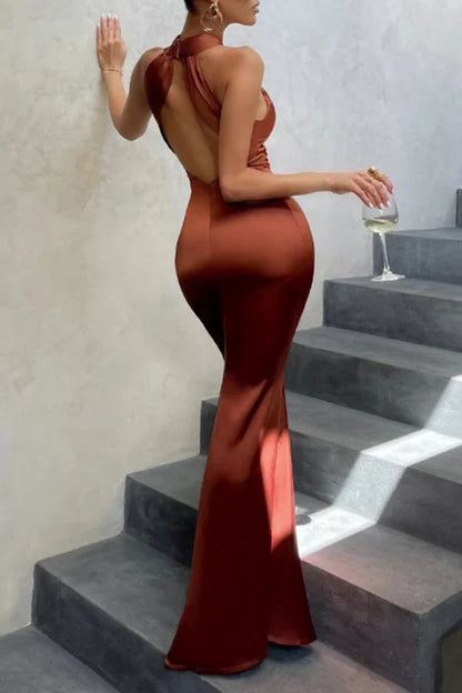 Elegant and formal solid color backless hanging neck horn fish tail evening dress