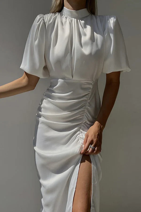 Elegant solid color pleated half high collar one step skirt for evening dress