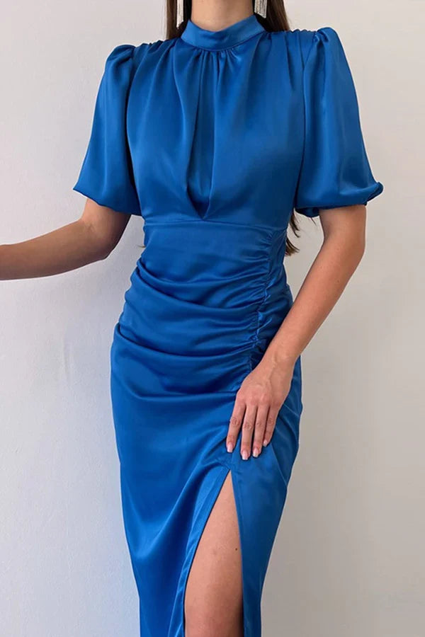 Elegant solid color pleated half high collar one step skirt for evening dress
