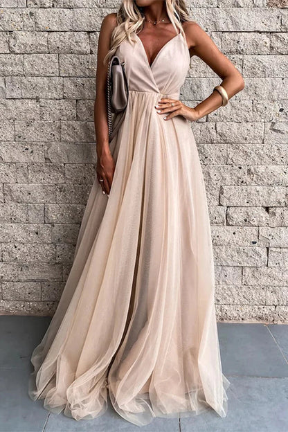 Sexy formal attire solid color mesh V-neck evening dress