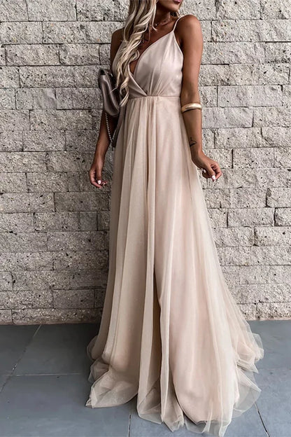 Sexy formal attire solid color mesh V-neck evening dress