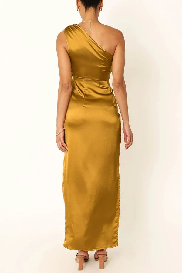 Sexy formal attire with solid color slit foldable diagonal collar irregular evening dress