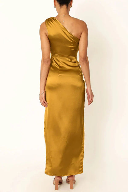 Sexy formal attire with solid color slit foldable diagonal collar irregular evening dress
