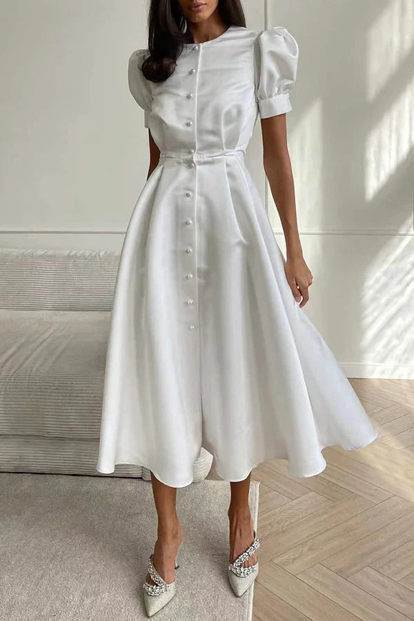 Elegant solid color buckle O-neck A-line short sleeved evening dress
