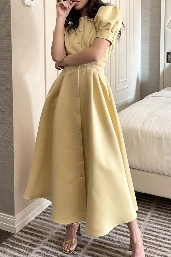 Elegant solid color buckle O-neck A-line short sleeved evening dress