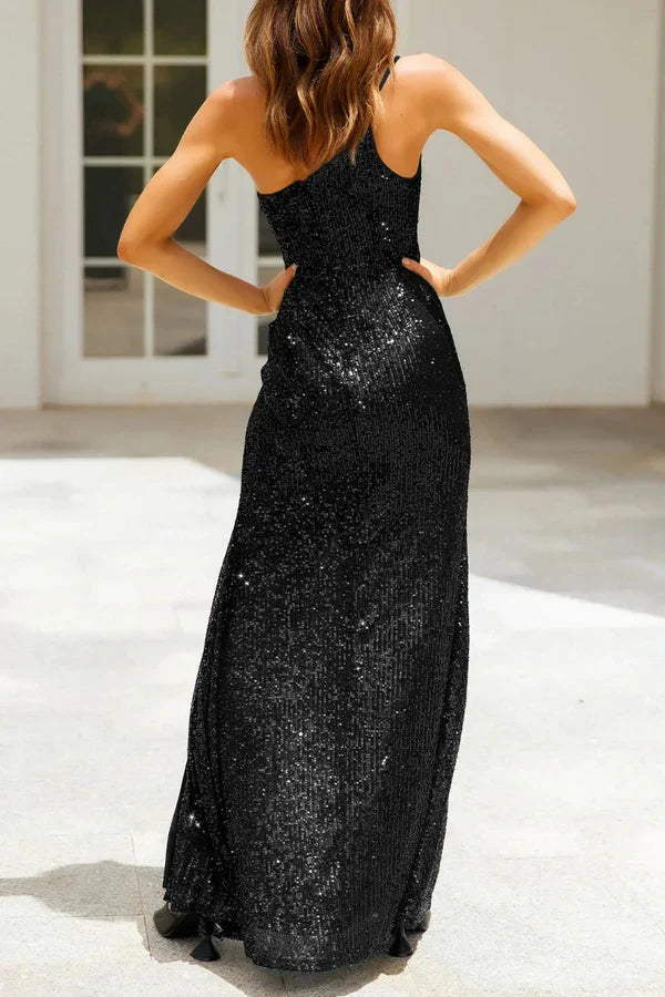 Sexy formal solid color sequin slit diagonal collar evening dress