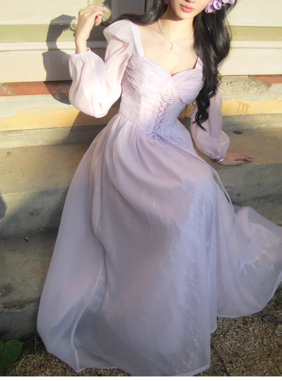Sweet Lavender Tulle Lace A Line Long Party Dress Birthday Prom Dresses SP1500