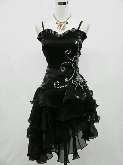 girlhomeshops--Blue/Black Delicate Floral Beaded Short Ruffled Tulle Homecoming Dress gh5635