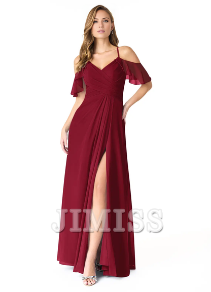 A-line V-neck pleated chiffon side slit and floor length bridesmaid dress - Dress