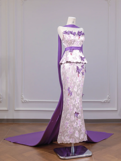 Light purple floral print strapless waist-cinching bodycon skirt ball gown R8261