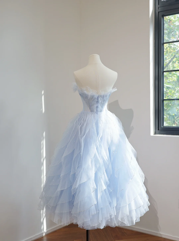 Light blue strapless, fitted waist, full skirt, mid-length ball gown R8466