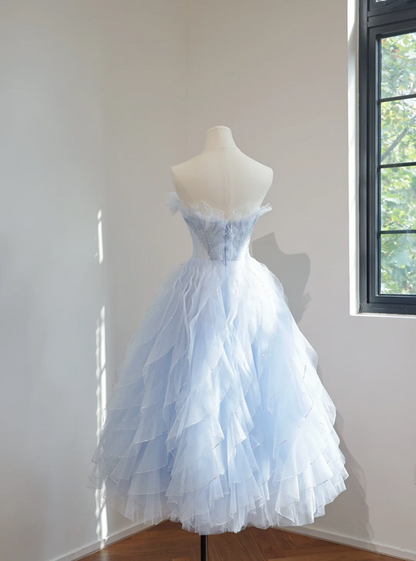 Light blue strapless, fitted waist, full skirt, mid-length ball gown R8466