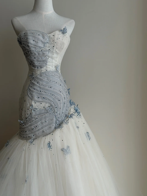 Light blue strapless waist‑cinched slim‑fit bodycon sexy ruffled long prom gown R8006