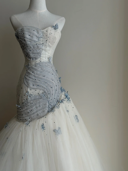 Light blue strapless waist‑cinched slim‑fit bodycon sexy ruffled long prom gown R8006