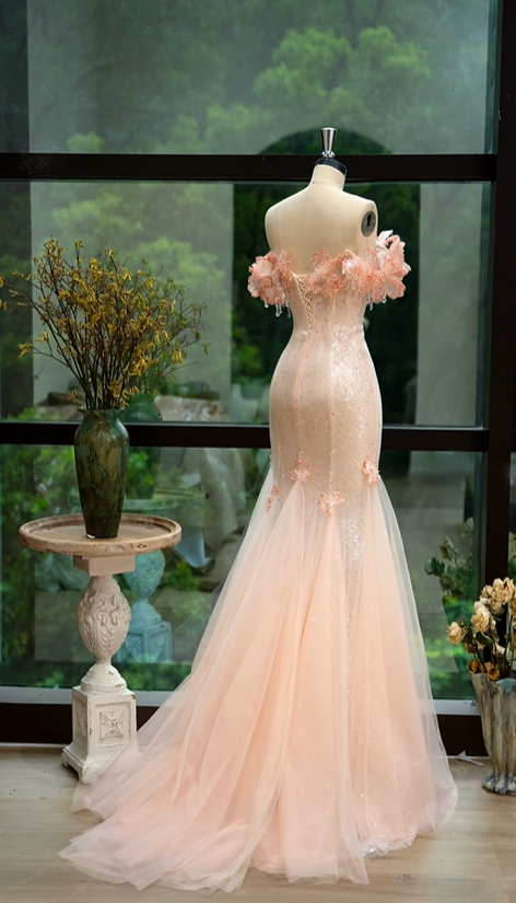 Light pink off-the-shoulder fitted waist bodycon sexy long ball gown, wedding dress R8064