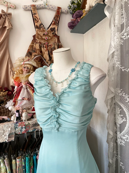 Light blue sleeveless A-line mini dress with a fitted waist, a prom dress R6341