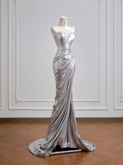 Silver strapless, fitted, bodycon, sexy long ball gown R8154