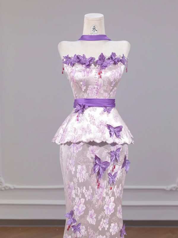 Light purple floral print strapless waist-cinching bodycon skirt ball gown R8261