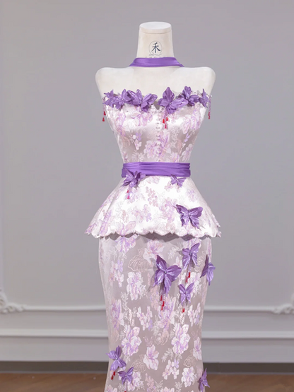 Light purple floral print strapless waist-cinching bodycon skirt ball gown R8261