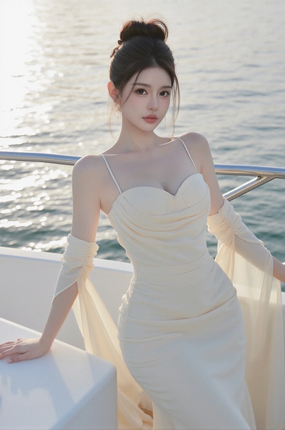 Light apricot halter-neck fitted waist slim hip sexy long ball gown R7540
