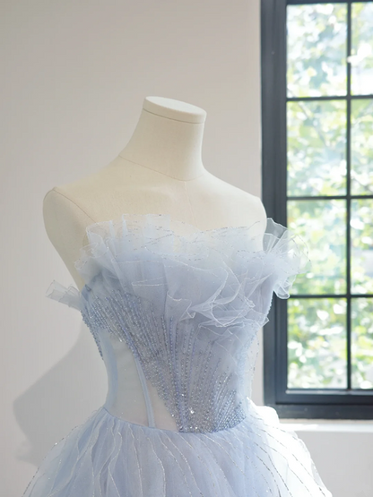 Light blue strapless, fitted waist, full skirt, mid-length ball gown R8466