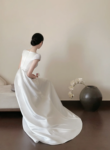 White high‑waist elegant long prom dress R7967