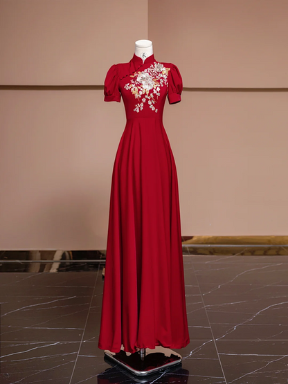 Red Chinese-style neckline, fitted waist, long ball gown/bridal dress R8319
