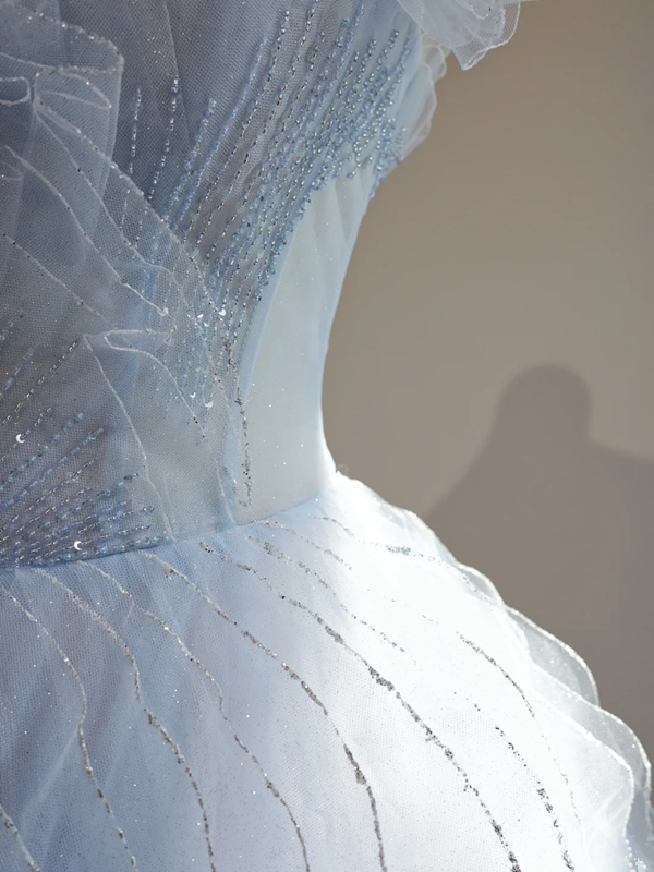 Light blue strapless, fitted waist, full skirt, mid-length ball gown R8466
