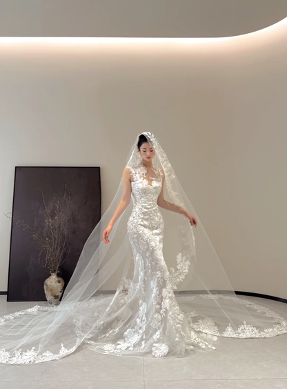 White sleeveless classic lace waist slim fishtail sexy long dress bridal gown R6062